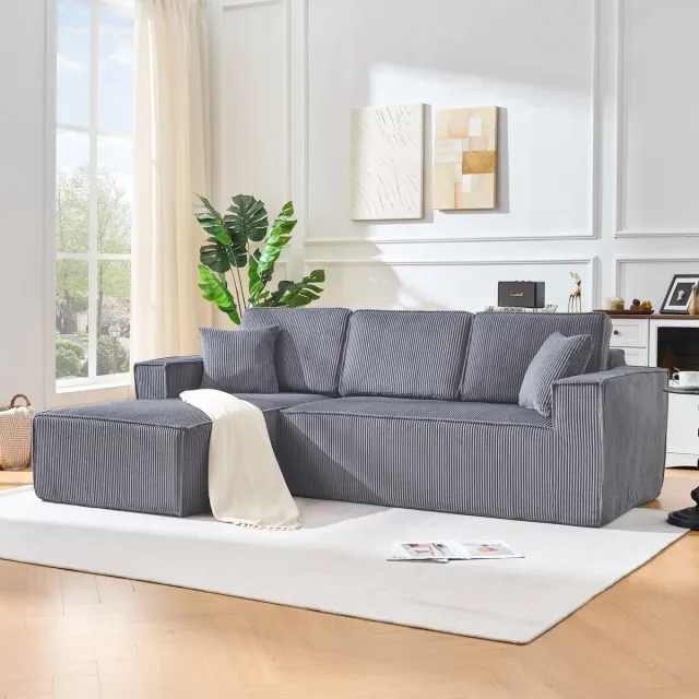 DESMIU Hoekbank 235 x 128 cm - Modulair L-Vorm Ontwerp Met Chaise Longue En 2 Kussens - Voor Woonkamer En Appartement - Corduroy - Grijs