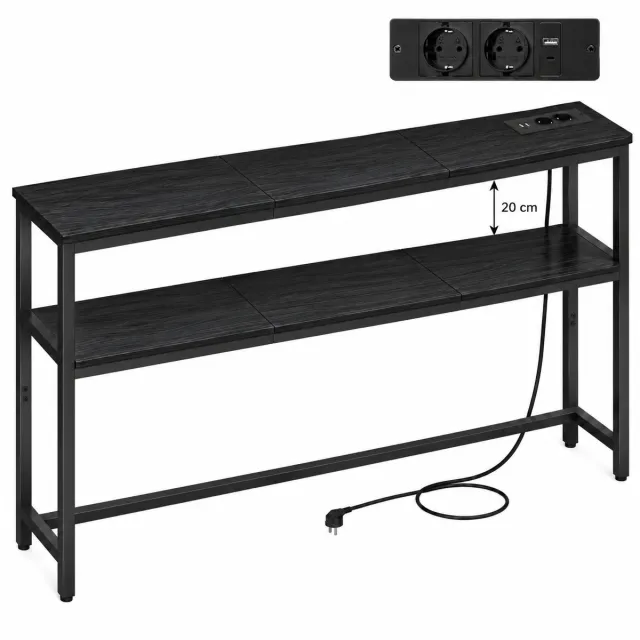 Signature Home Milly Consoletafel - Console tafel - Smalle Bijzettafel met laadstation - Haltafel Bijzettafels smalle - Tafel met 2 planken - Hout - Metaal - Zwart - 20 x 100 x 80 cm