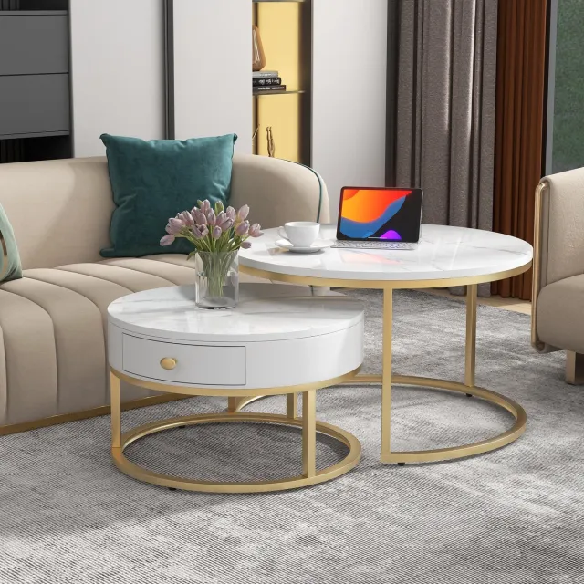 Clruro Moderne Nesting Salontafel Set - 2 Ronde Tafels - Hoogglans Marmer - Nesting Beistelltafel - Wit Glanzend wit
