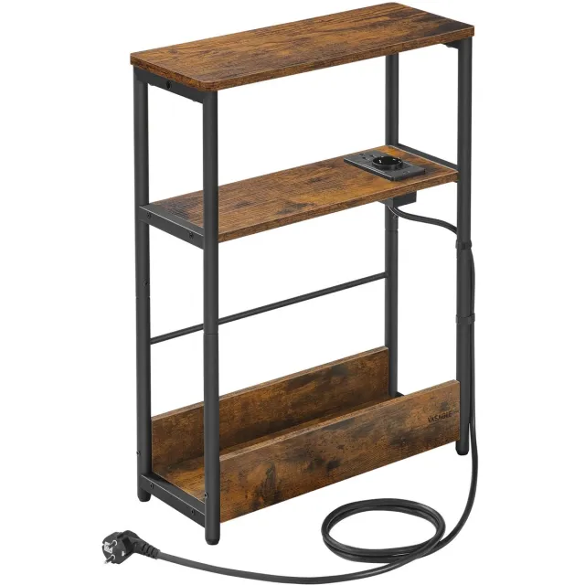Archi Bijzettafel – Bijzettafeltjes woonkamer - Stopcontact & USB – 3 Planken – Tijdschriftenhouder – 18 × 45 × 58 cm – Industrieel Design Zwart/houtlook