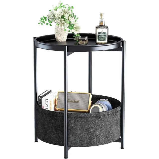 Ibenzoa Stijlvolle ronde bijzettafel met metalen frame en stoffen mand voor binnen en buiten gebruik zwart