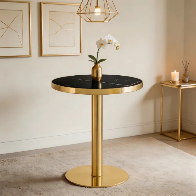 MODFU Bijzettafel - Rond - Modern - Woonkamer - MDF - Zwart En Goud - 59,5 x 59,5 x 73,5 cm