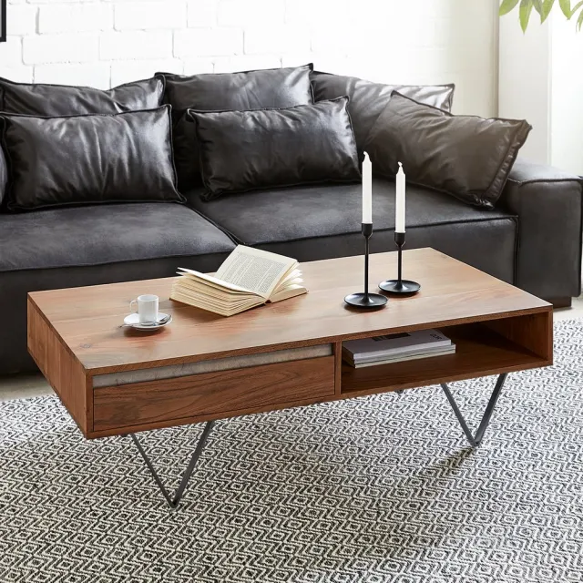 DELIFE Salontafel Stonegrace acacia bruin Leisteen 115x60 cm 2 laden 1 legplank V-poot zwart Salontafel