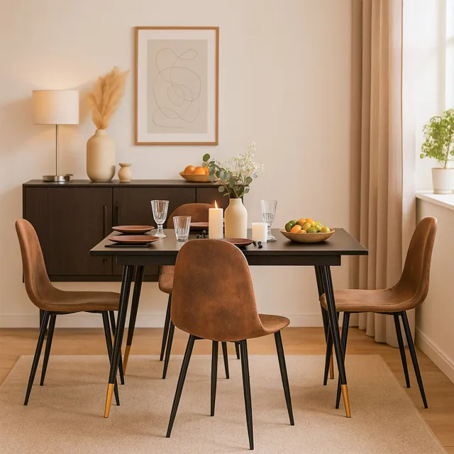 MEUBLE COSY Eetkamerset - Uittrekbare Tafel Met 4 SuedeStoelen - Zwart en Bruin