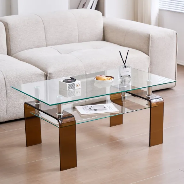 MIVRAY Salontafel - Gehard Glazen Tafel Met Twee Niveaus - Voor Woonkamer Of Kantoor - Glas En Metaal - 100x55x45 Cm Transparant