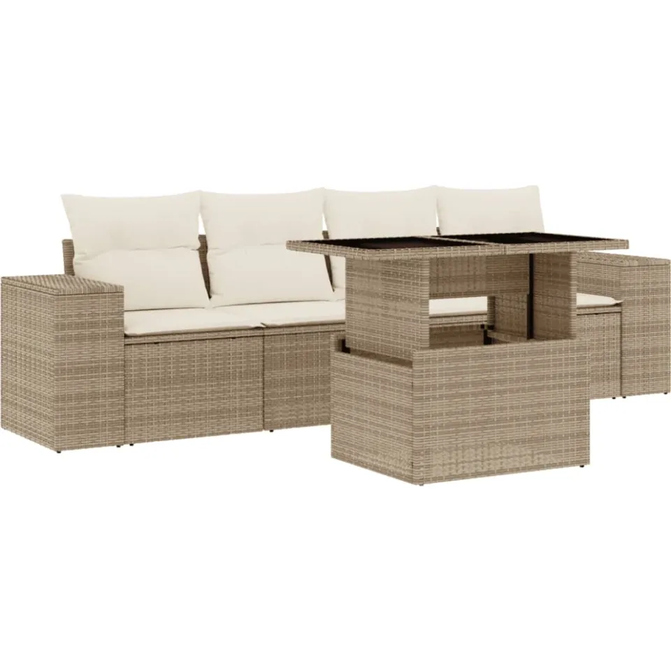 vidaXL 5-delige Loungeset met kussens poly rattan beige, foto 3