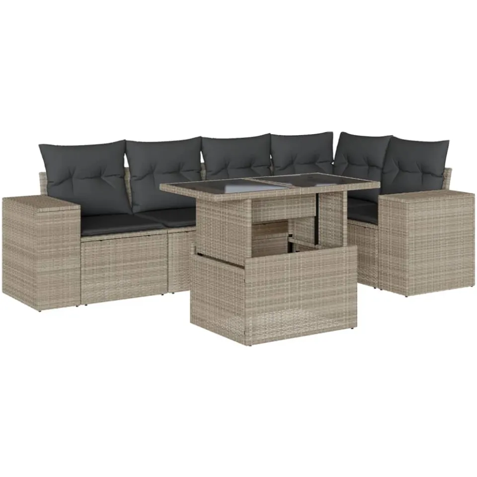 vidaXL 6-delige Loungeset met kussens poly rattan lichtgrijs grijs, foto 3
