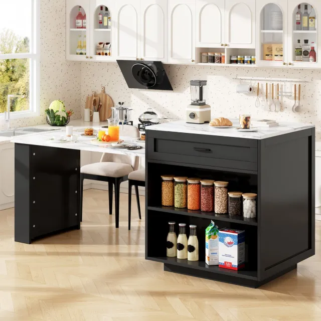 DESMIU Bartafel - Uitschuifbare Keukeneilandtafel Met Opbergruimte - Voor Keuken En Eethoek - MDF - 98-204x70x93,5 Cm - Zwart