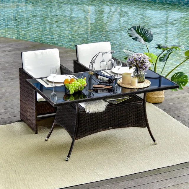 MIVRAY Tuintafel - Polyrattan Eettafel Met Veiligheidsglas En Metalen Frame - Voor Tuin Terras En Binnenruimte - Bruin Zwart - 150x85x74 Cm