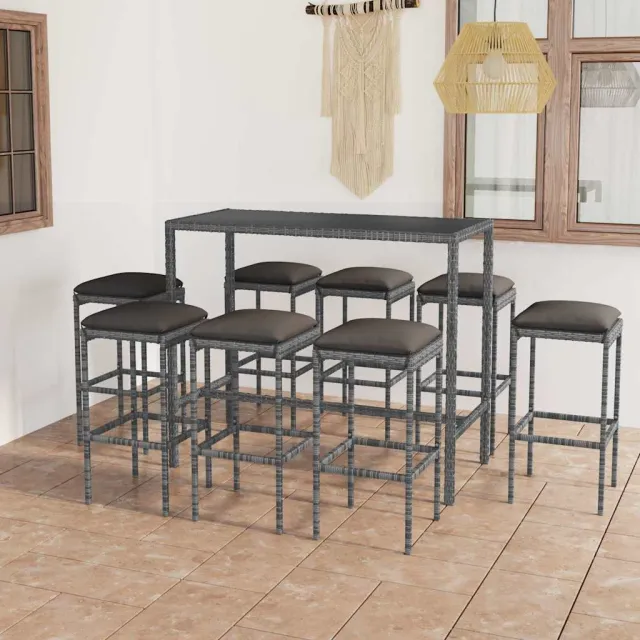 vidaXL 9-delige Tuinbarset met kussens poly rattan grijs, foto 2
