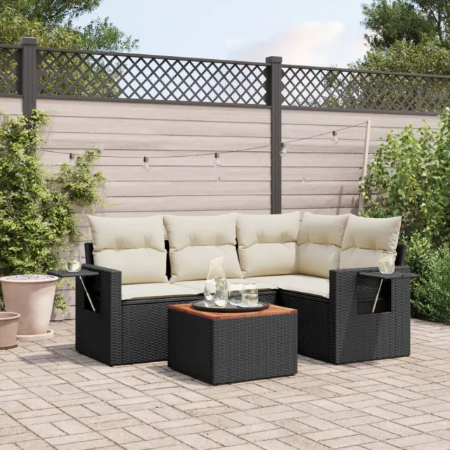 vidaXL 5-delige Loungeset met kussens poly rattan zwart, foto 2