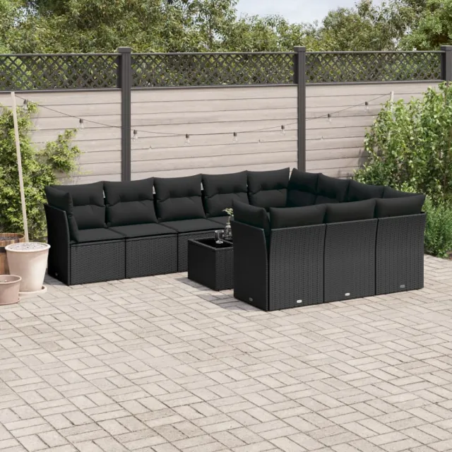 vidaXL 11-delige Loungeset met kussens poly rattan zwart, foto 2