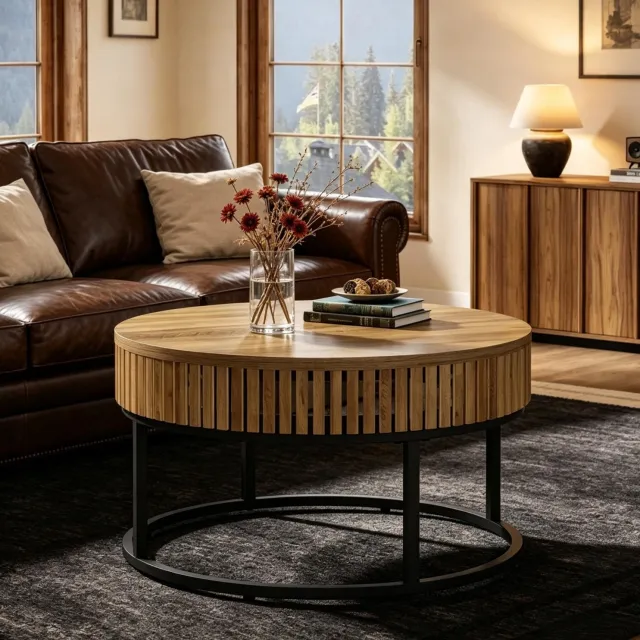 CHICFURN Salontafel 80 cm - Rond tafelblad - Metalen onderstel - Bruin en zwart Lichtbruin