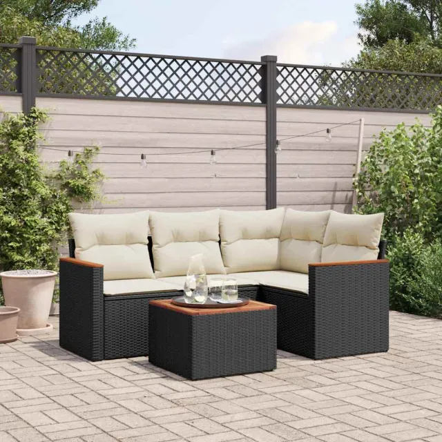 vidaXL 5-delige Loungeset met kussens poly rattan zwart, foto 2