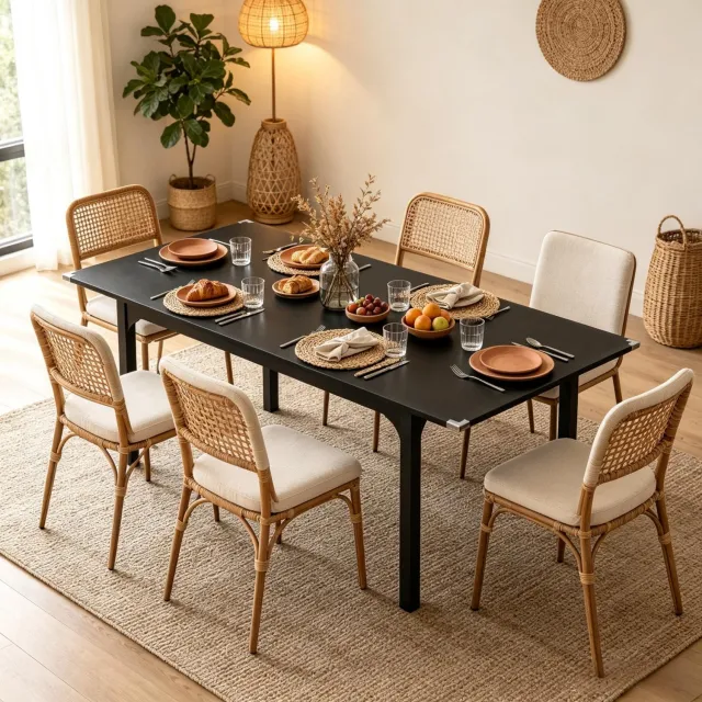 MODENUIT Eettafel - Uitschuifbaar voor 4 tot 6 Personen - MDF en Staal - Zwart - 120 tot 160 x 70 x 75 cm