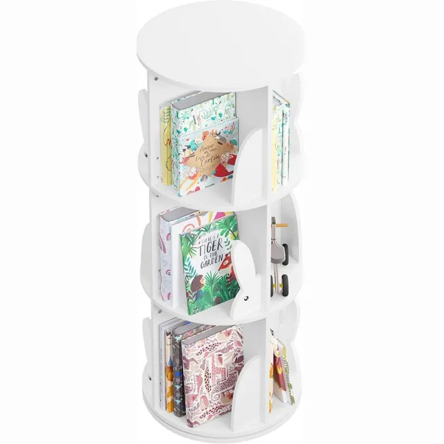 Klarven Kinderboekenrek Wit - Draaibaar Kinderboekenrek - Kinderboekenrek Wand - 360 Graden Rotatie - Ruimtebesparend, Stabiele Brede Voet - Bookshelf - Ø40xh97cm