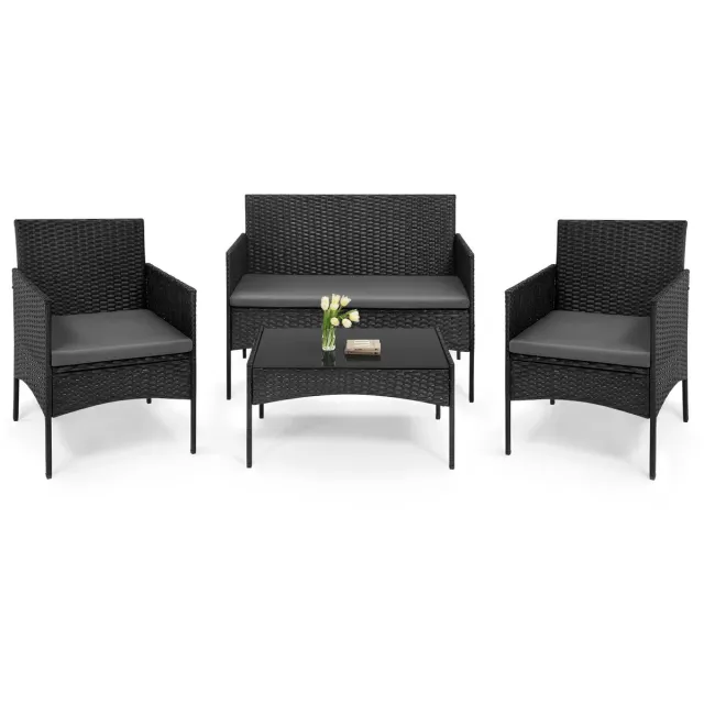 ITRONIQ Tuinset Loungeset 4 Personen - Rattan Lounge Set Met Bank Stoelen en Tafel - Weerbestendig - Incl Kussens - Zwart