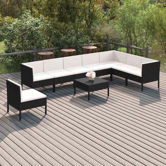 vidaXL 9-delige Loungeset met kussens poly rattan zwart, foto 2