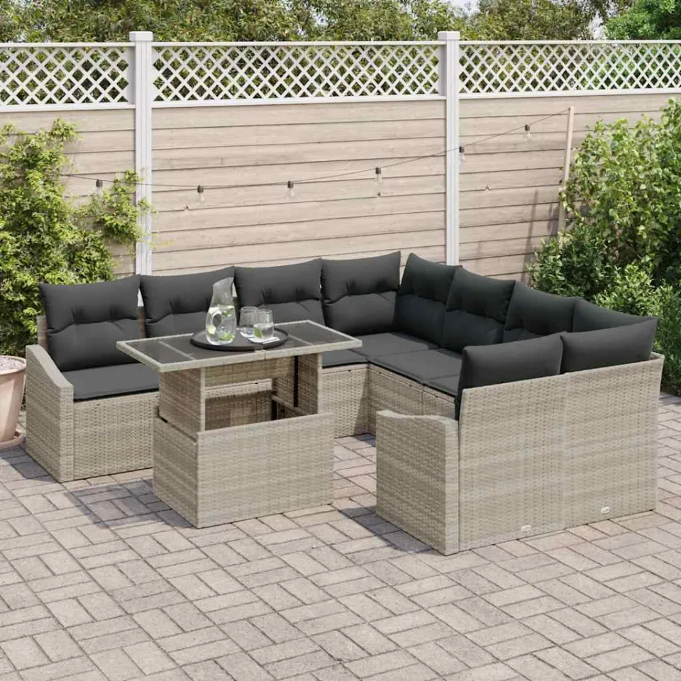 vidaXL Tuin Sofa Set 9 st Lichtgrijs poly rattan, foto 3