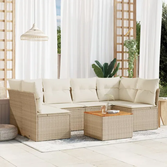 vidaXL 7-delige Loungeset met kussens poly rattan beige, foto 2