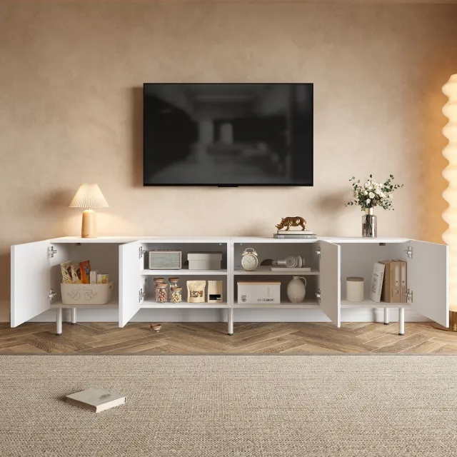 Merax Tv meubel - tv-tafel met driedimensionale gebogen lijnen - deuren met druk-open functie - metalen ronde poten - lage kast - wit