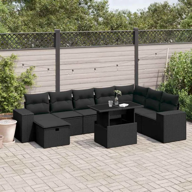 vidaXL 9-delige Loungeset met kussens poly rattan zwart, foto 2