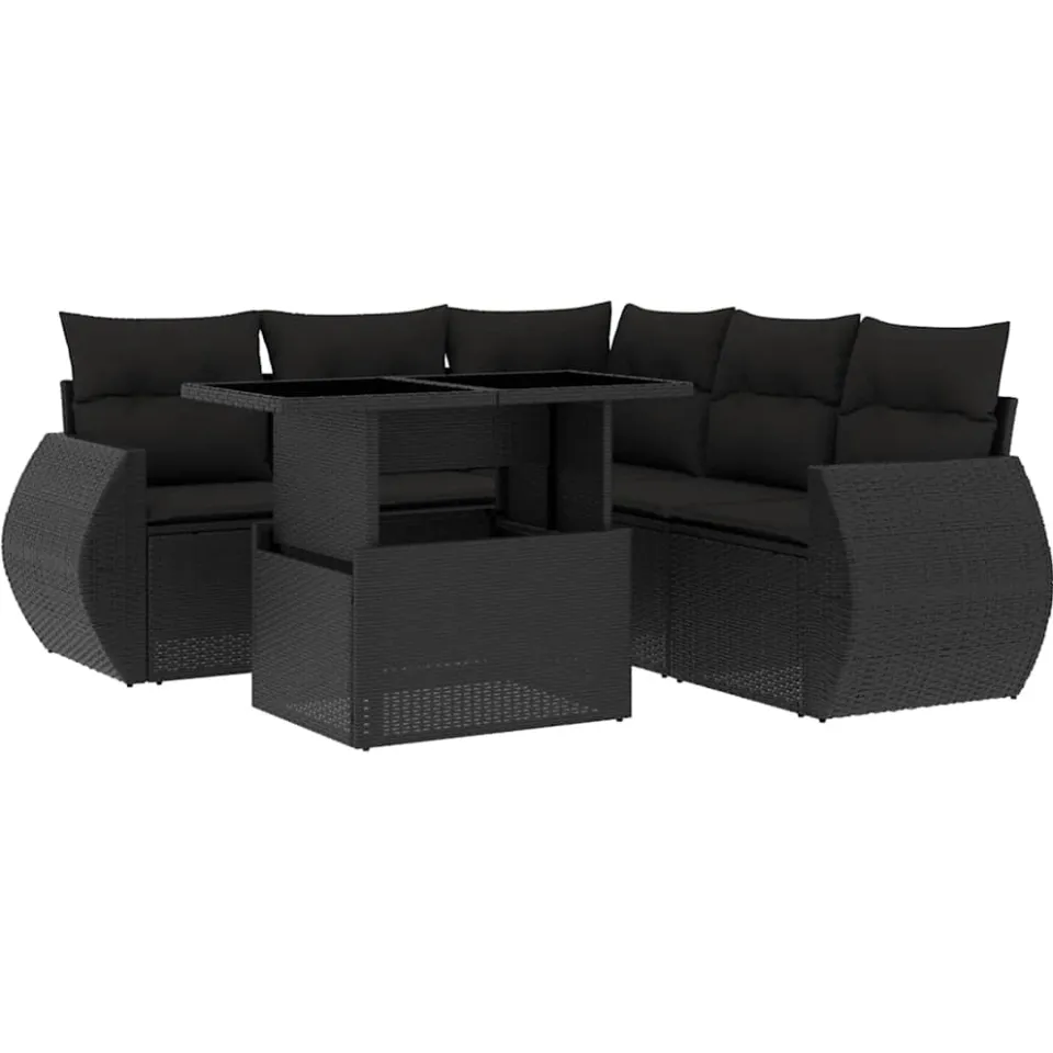 vidaXL 6-delige Loungeset met kussens poly rattan zwart, foto 3
