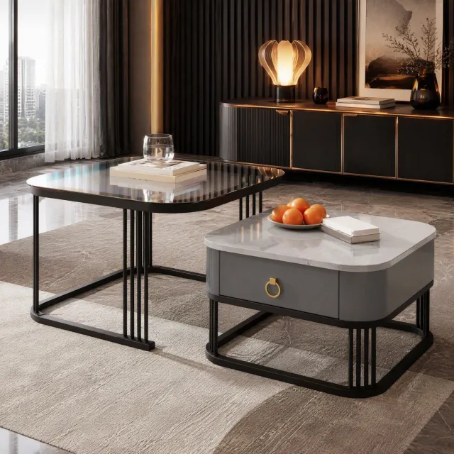 Maisentiel Salontafelset van 2 – 60 x 60 cm – nestbaar met 2 laden, MDF, zwart/grijs