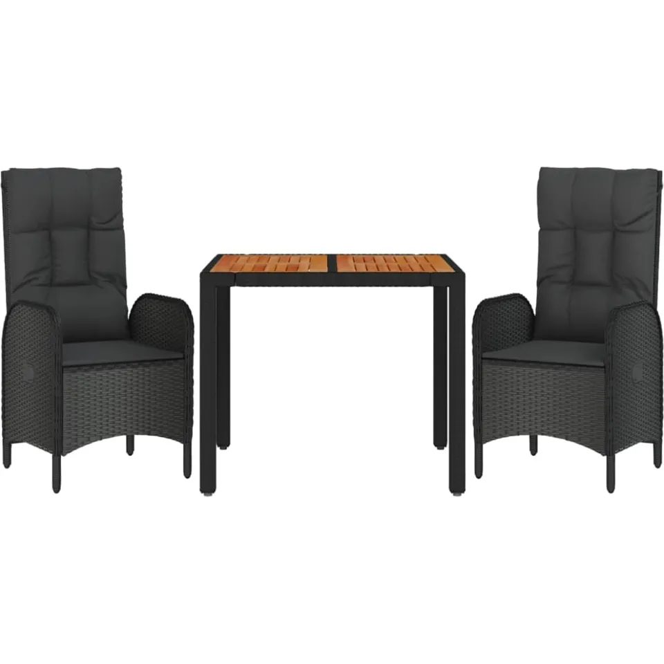vidaXL 3-delige Tuinset met kussens poly rattan zwart