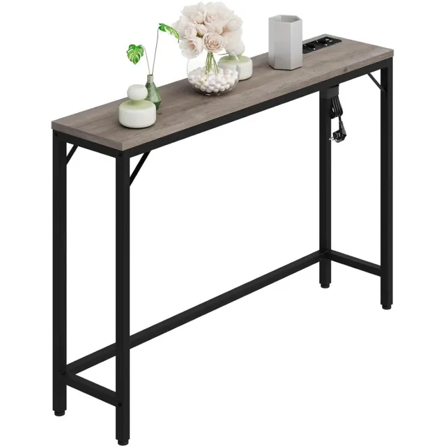 NordHaus Smalle Consoletafel - Haltafel met USB - Industriële Sidetable - Ingebouwd Laadstation - 100 x 23 x 80 cm Grijs