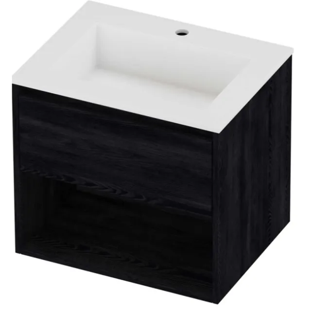 Proline Aristo Badmeubelset Polystone Elegant 1 Kraangat Met Schap 60x46x54 cm Mat White Black Oak Eiken