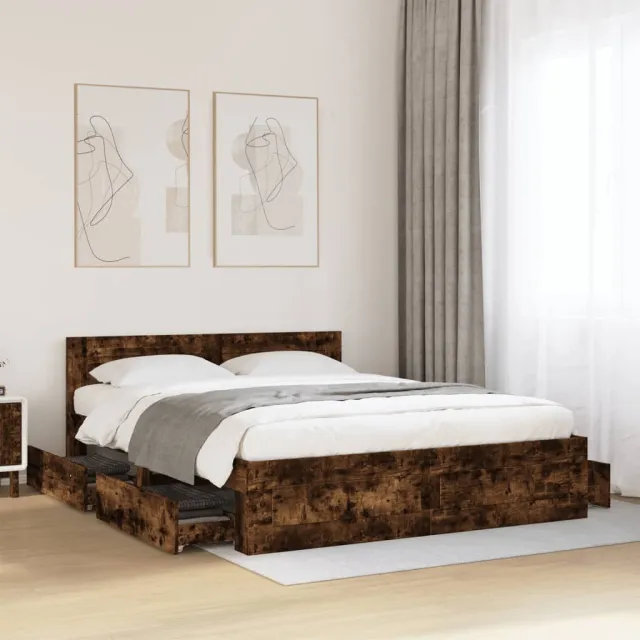 vidaXL Bedframe met hoofdeinde bewerkt hout gerookt eiken 160x200 cm