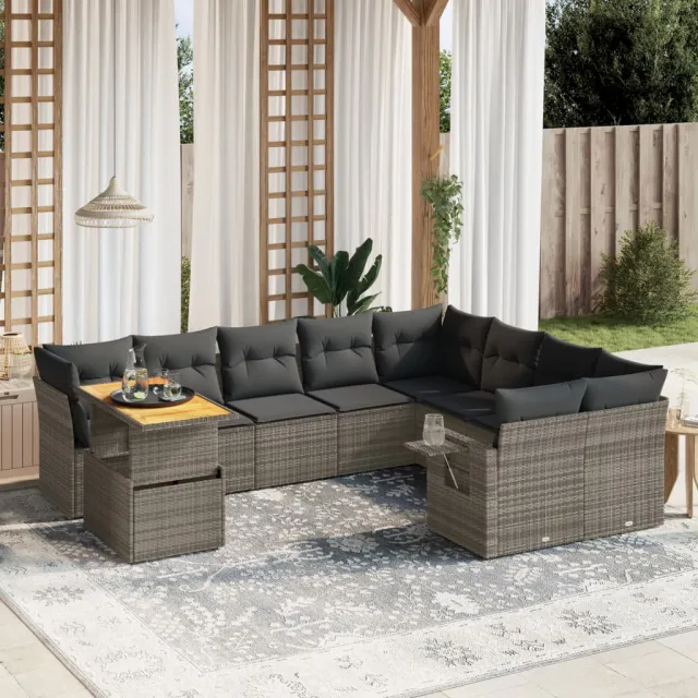 vidaXL 10-delige Loungeset met kussens poly rattan grijs, foto 2
