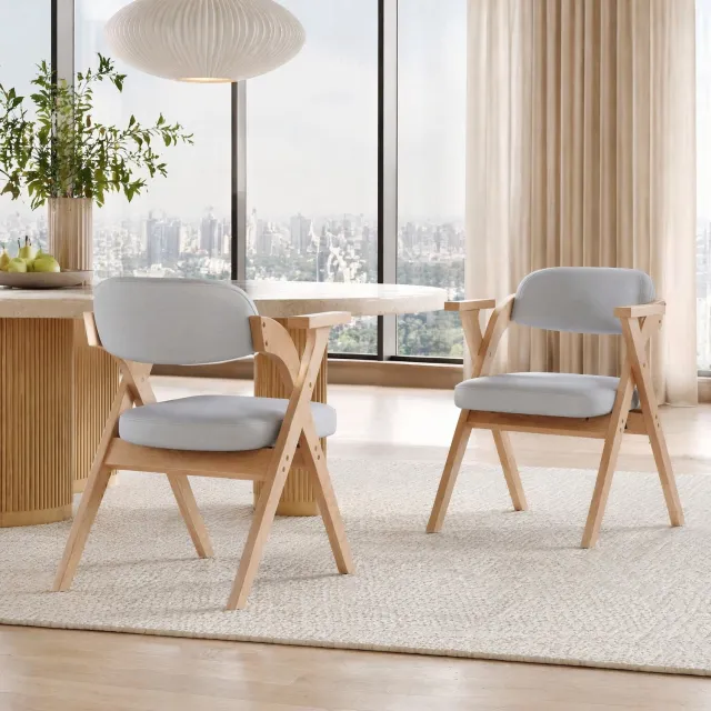 Maisentiel Set van 2 klapbare eetkamerstoelen met armleuningen, hout en linnen, grijs