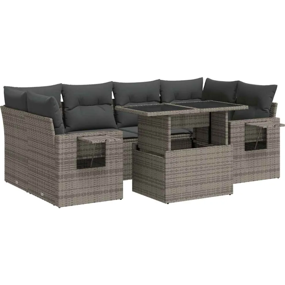 vidaXL 7-delige Loungeset met kussens poly rattan grijs, foto 3