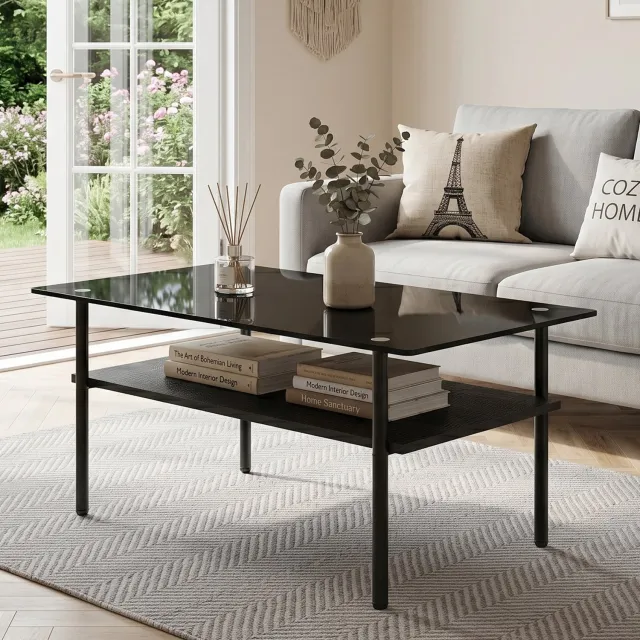 HAUSS SPOLE Salontafel - Zwarte Glazen Tafel Met Twee Niveaus - Voor Woonkamer - MDF En Metaal - 98x58x45 Cm - Zwart