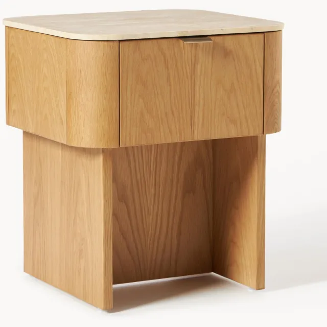 Westwing Collection Houten nachtkastje Zumi met travertijn tafelblad Beige