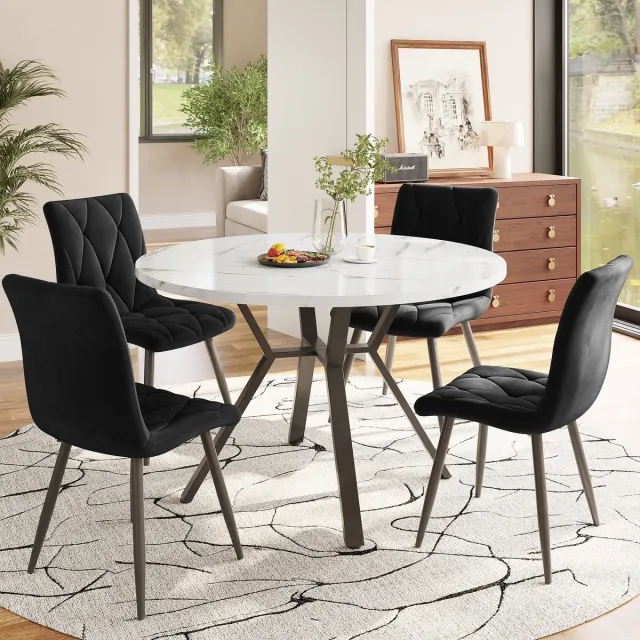 MODENUIT Ronde Eettafel - Marmerlook Blad Met X-Onderstel - Voor Eetkamer En Woonkamer - MDF En Staal - Wit/Zwart