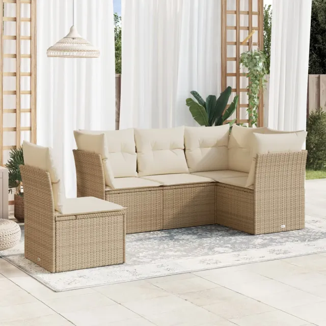 vidaXL 5-delige Loungeset met kussens poly rattan beige, foto 2