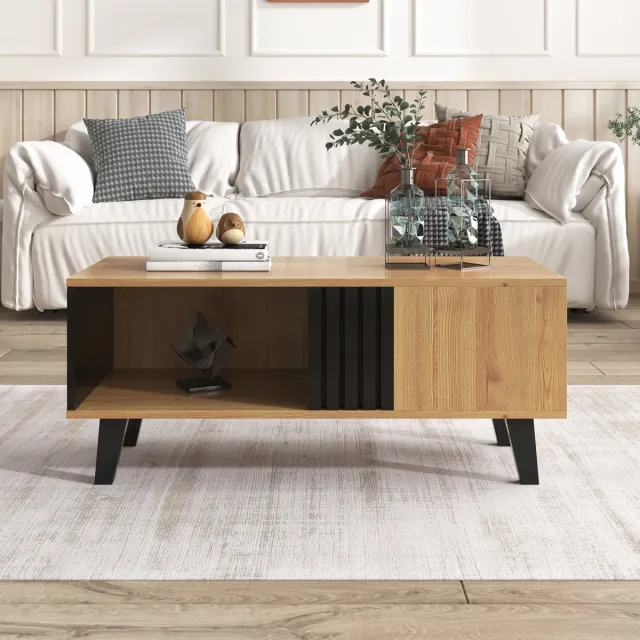MODFU 100x60x45 cm salontafel met lade, bijzettafel van gekleurd hout en zwart, veelzijdige opbergruimte en uniek ontwerp Natuurlijk