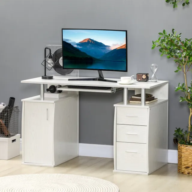 MUVANO Computerbureau - Bureau met 3 lades - Uitschuifbare toetsenbordlade - Computervak met deur - 120 x 55 x 75 cm - Opbergen - Thuiskantoor en slaapkamer wit