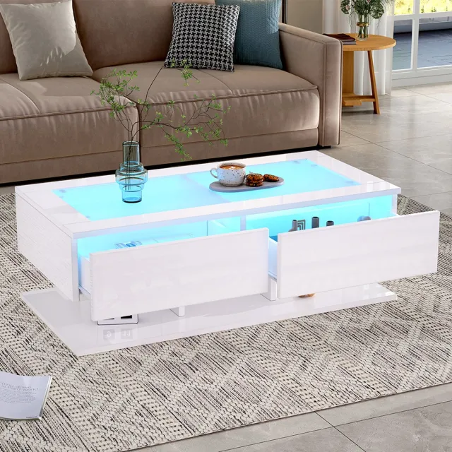 KOMHTOM Salontafel 100*50*35 cm, glanzende salontafel, salontafel met lades, salontafel met LED-verlichting, glazen blad, wit