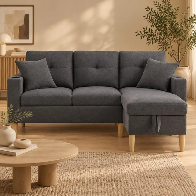 WUVRIE Hoekbank 175x129 cm - 3-zits met verplaatsbare chaise longue, opbergruimte en bekerhouders - Donkergrijs