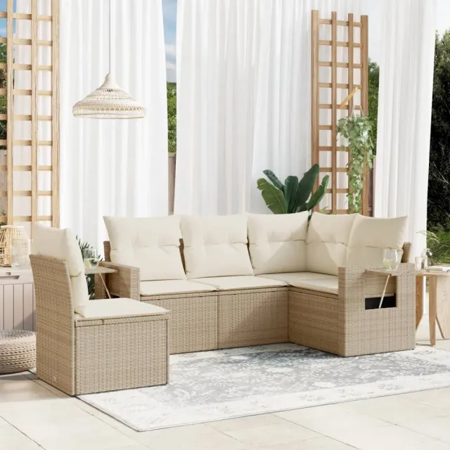 vidaXL 5-delige Loungeset met kussens poly rattan beige, foto 2