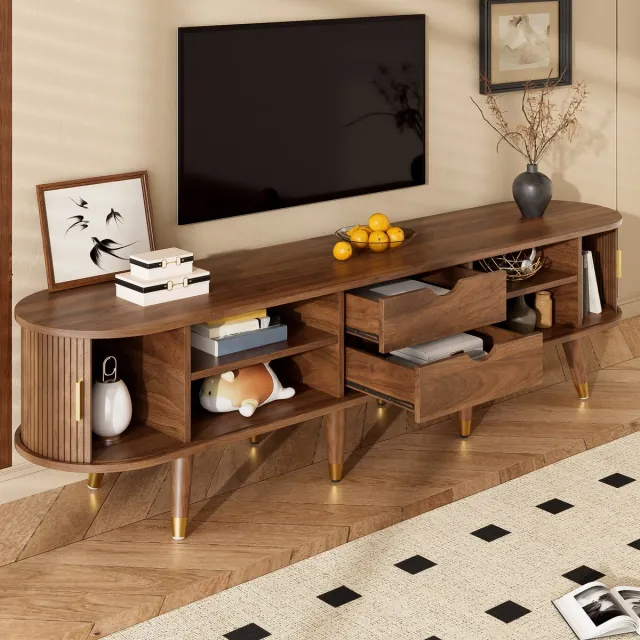 MODENUIT Tv-Meubel - Schuifdeur Met Rotan En Opbergruimte - Voor Woonkamer - MDF In Walnootkleur - 175x38x45 Cm Houtkleur