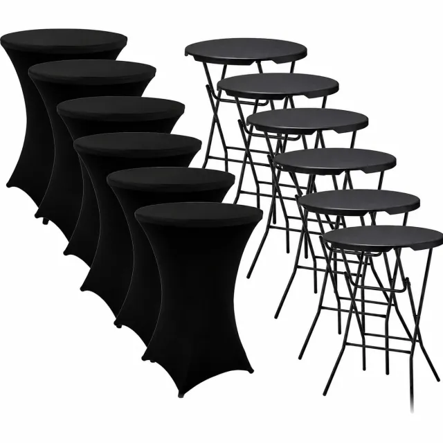 Alora 6x Zwarte Statafel + Zwarte Statafelrok x 6 – ø80 cm x 110 cm hoog - Cocktailtafel - Hoge staan tafel - Breed Blad - Inclusief zwarte Statafelhoes - Staantafelrok Stretch - Bartafel rond - Sta tafel Horeca