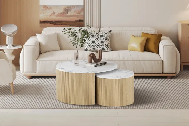 Rousseau Salontafel 'Rowan' Set van 2 Rond Decor Marmer Beige