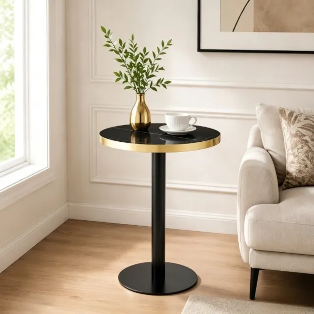MODENUIT Bijzettafel - Rond Met Marmerlook En Gouden Rand - Voor Woonkamer Of Balkon - Zwart - 60 Cm
