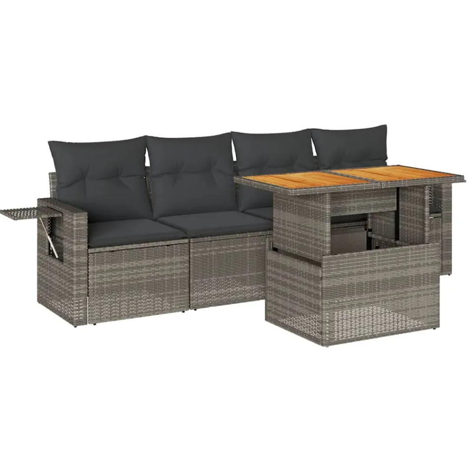 vidaXL 5-delige Loungeset met kussens poly rattan grijs, foto 3