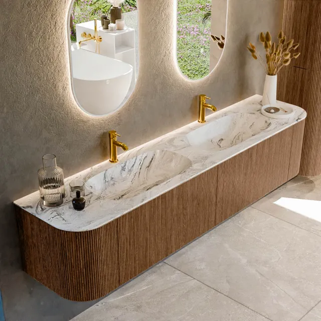 Mondiaz KURVE-DLUX 200 cm Onderkast Greeploos 2 Lades Met Deuren Walnut, Wastafel Solid Surface Dubbel Glace 2 Kraangaten Zonder Spiegel (KRVSTS200L+R2L2D2KD-Wal/Gla)